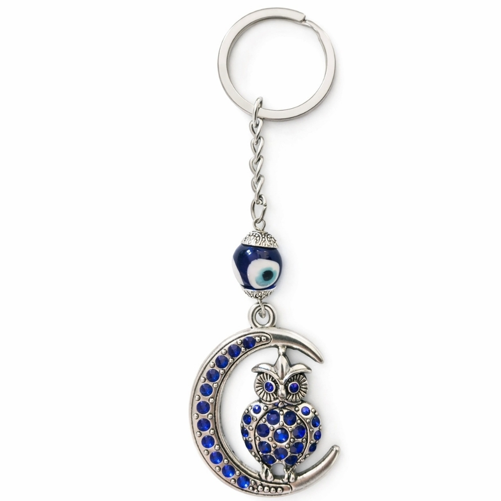Owl & All Seeing Eye Keychain – Silver + Sapphire Blue